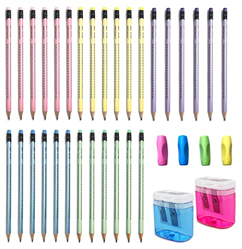 BEIIEB 30 Stück Bleistifte und 4 Stück Schreibhilfe mit 2 Stück Anspitzern, 5-Farben HB Schülerstift mit Radiergummi, Korrekturgriff Schreibstift, für Schule, Büro, Schreiben, Zeichnen.