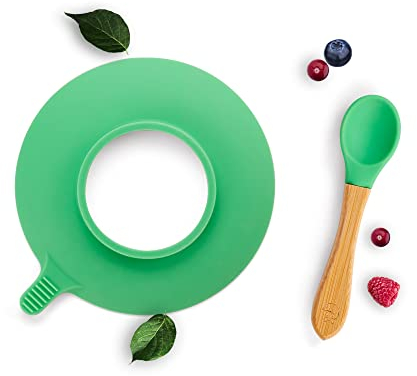 Kleiner Fuchs Bambus Kinder Löffel und Silikon-Saugnapf Set, Silikon Baby Löffel und Saugnapf Set kombinierbar mit all unseren Teller - und Schüsselsets, Baby & Kinderbesteck ab 1 Jahr, Farbe: Grün