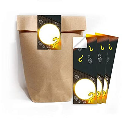 12 Geschenktüten (Natur) + 12 Aufkleber Escape Room für Mitgebsel Gastgeschenk beim Kindergeburtstag Jungen Mädchen