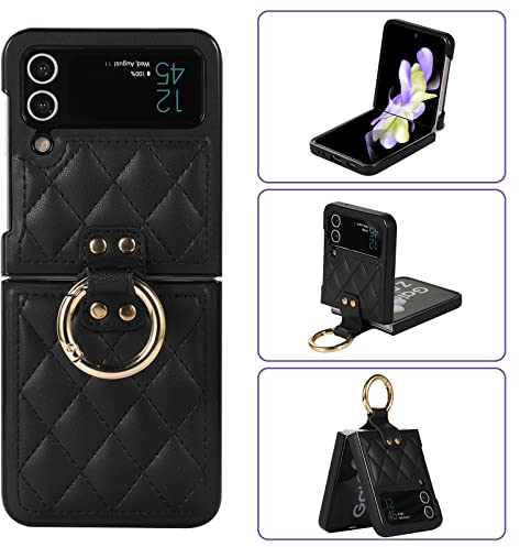 XIZYO für Samsung Galaxy Z Flip 3 Leder Hülle mit Ring, Samsung Z Flip 3 Faltbar Stoßfeste Handyhülle, Schlank rutschfest Drehständer Schutzhülle, Schwarz
