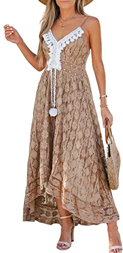 CUPSHE Robe d'été pour Femme Boho Maxi à Lacets avec Pompon col en V évasé à Volants Robes de Plage Marron S