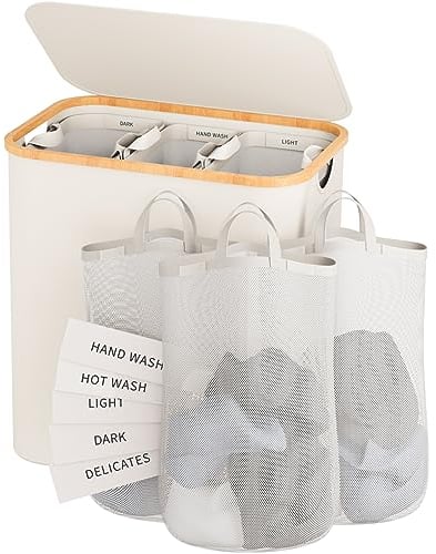 160 L extra großer Wäschekorb mit Deckel, Wäschekorb mit 3 Fächern, Bathola Beige, schmutzige Kleidung für Schlafzimmer, Badezimmer, Wäschekörbe für Wäsche, Handtuch, Kleidung, Beige