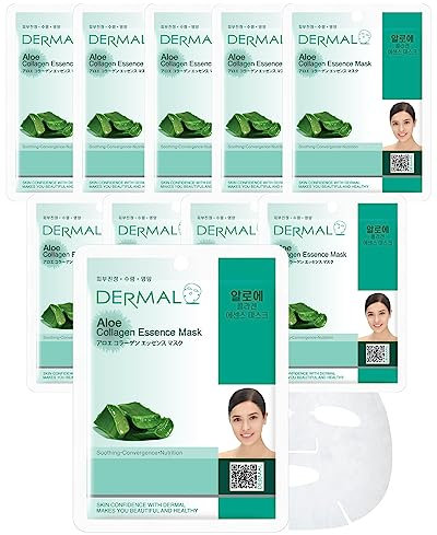 DERMAL Masque facial coréen à l'essence de collagène d'aloès 10 Feuilles-hydratant et apaisant à l'aloe vera, hydratant intensif, soin rafraîchissant contre les coups de soleil