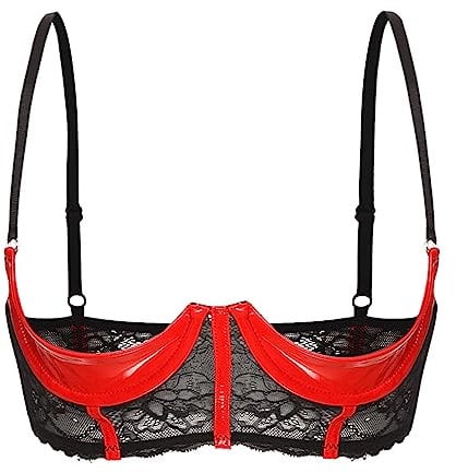 CHICTRY Women's See-Through Lace Unlined Push Up Underwired 1/4 Cups Bra Top Bralette Lingerie 6# Red B M