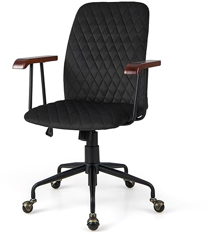 COSTWAY Bürostuhl aus Samt, höhenverstellbarer Drehstuhl, Schreibtischstuhl bis 150 kg belastbar, ergonomischer Samtsessel mit mittlerer Rückenlehne, gepolstertem Sitz, Armlehnen aus Holz (Schwarz)