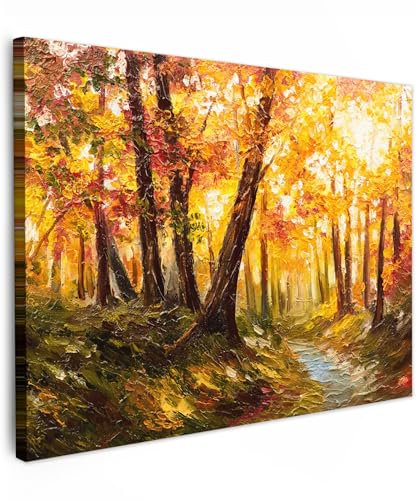 MuchoWow© Leinwand 80x60 cm Deko Schlafzimmer Aesthetic Leinwandbilder Wohnzimmer Gemälde Foto Geschenk Living Room Decoration Gemälde - Herbst - Wald - Ölgemälde