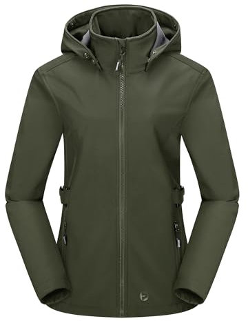 Outdoor Ventures Damen Softshelljacke Kurze Gefütterte Funktionsjacke Wasserdichte Übergangsjacke mit Abnehmbarer Kapuze Regenjacke Outdoor Regenmantel Softshellmantel für Wandern Laufen Oliv-Grün L