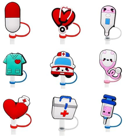 9PCS Nurse Drinking Straw Covers Caps, Medical Reusable Portable Drinking Straw Tips Lids, Straw Toppers for Tumblers, Dust Proof Plugs Protector