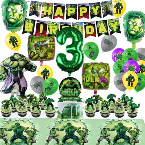 48pcs Kit Festa Hu-lk Compleanno,3anni Set Compleanno Hu-lk Bambino,Palloncini Hu-lk Compleanno Bambino,Banner Feste Hu-lk,Adatto Alle Feste di Compleanno per Bambini