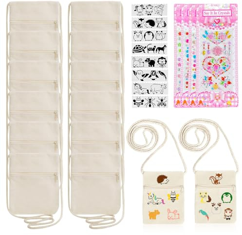 12 Stoffbeutel zum Bemalen für Kinder, 21 x 12 cm Umhängegeldbeutel, DIY Beige Brustbeutel Mit 8 Zeichenvorlagen und 4 Aufklebern für Party, Schule, Geschenk