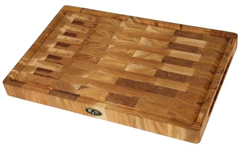 B4K® 45х30х4cm Küchenbrett aus Eiche Stirnholz | Antibakterielles Hirnholzbrett mit Griffen, Silikonfüßen und Saftrille | Stirnholz Schneidebrett | Hackblock