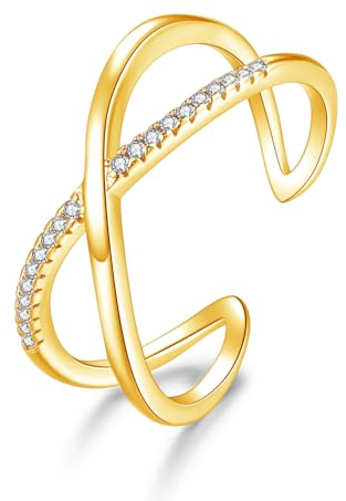 Bewenda Silber Ringe für Damen, 925 Sterling Silber Verlobungsring Eheringe Band Ring, Verstellbar Stapelbare X-Form Ring mit Zirkonia, Gold Minimalistischer Daumenring für Liebe Braut Freund