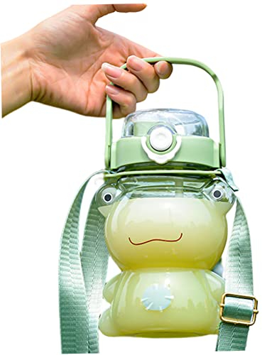 Bouteilles d'eau de Grenouille Portable Mignonne Transparente Les Bouteilles d'eau Kawaii à Consommation de Kawaii avec Sangle de Paille pour Sports 850 ML Cadeaux de Grenouille Verts