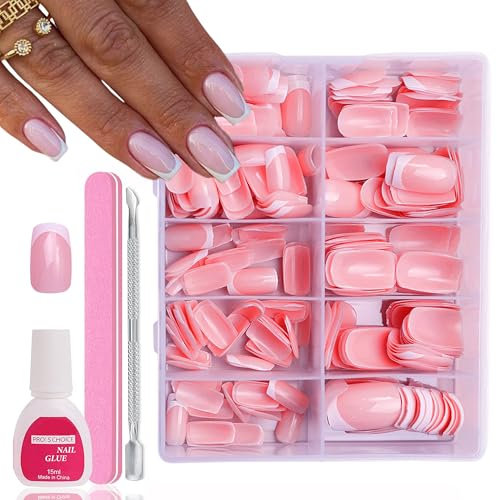 MrCuvaryas 240 Stück French Press On Nails Short Almond, Full Cover Nageltips Kurz für Gelnägel, Fingernägel Fake Nails mit Kleber Acryl Nagel Tips Nägel Zum Aufkleben (Pink Square, 240pc)