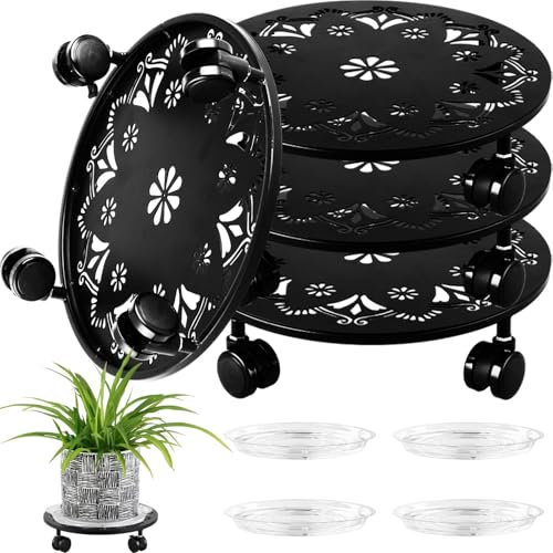 4 Pack Rolling Plant Caddy with Wheels 14 Inch, Plant Rollers with Wheels Metal Plant Caddy with Wheels Heavy Duty Plant Stand for Large Plants, Matte Black Rolling Planter Base, 4 Wheels for Planters