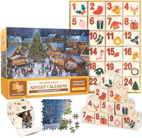WeePoes Adventskalender 2024 Rätsel Puzzle mit 1008 Teilen, Tierweihnachtsthema, 24 Tage Countdown Kalender für die Familie