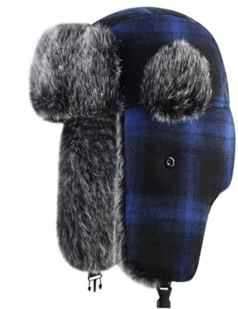 iSpchen Wintermütze mit Ohrenklappen Karierte Warme Schneedichte Fliegermütze Winter Winddicht Skimütze Weihnachten Jagdmütze Bombermützen für Snowboarden Skaten Radfahren,Blau