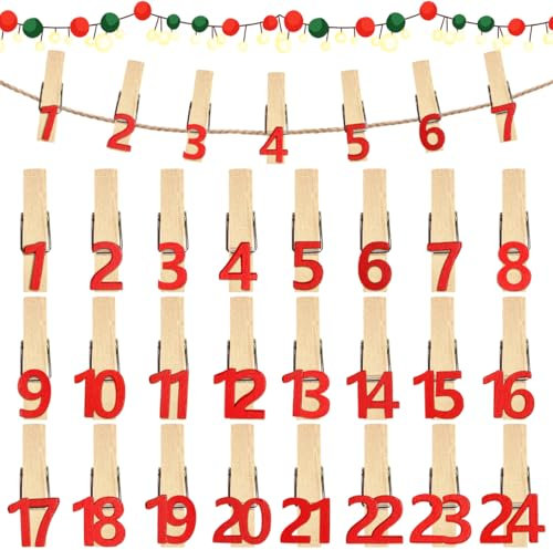 24 Chiffre Calendrier de L'avent en Pince à Linge, Numéro Calendrier de L'avent en Bois, Pinces à linge en Bois de Noël, Numéro 1 à 24 Décoration Calendrier de l'Avent et Noël
