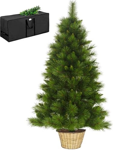 Marvin Albero di Natale da Parete Muro, Effetto Realistico Richiudibile Apertura ad Ombrello Facile da Montare Decorazioni Natalizie Folto Verde, a Metà con Vaso in Rattan e Borsone (120 CM)