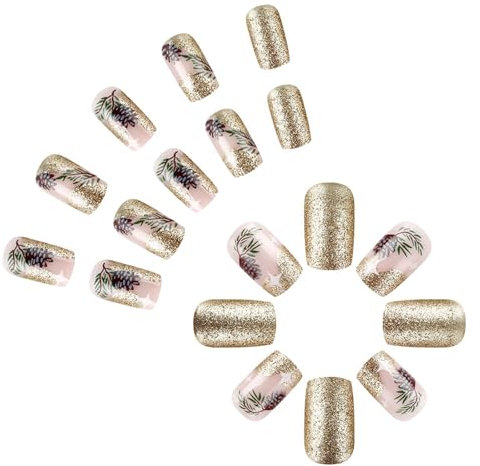 Faux ongles pailletés à coller avec sapin de Noël - Faux ongles courts carrés à presser - Ongles artificiels