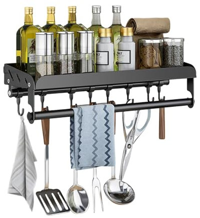 YENTAKE Gewürzregal, Ohne Bohren aus Edelstahl Küchenregal Wand, Gewürzregal Hängend mit Küchenrollenhalter und Haken, Wandregal Hängend für Küchen und Bad Organizer, Schwarz (40cm und 8 Haken)