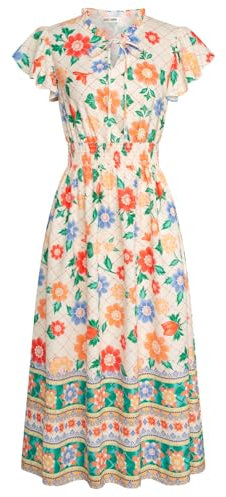 GRACE KARIN Ladies Fashion Prom Dresses V Neck Short Sleeve Chiffon Dress A-Line Flowy Beach Vacation Dress Green Floral-Apricot XL