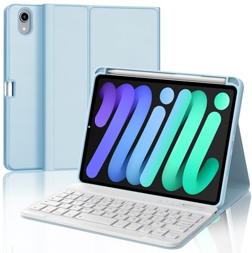 SENGBIRCH Hülle mit Tastatur für iPad mini 7 (A17Pro) 8.3 2024 - QWERTZ Deutsche Tastatur Abnehmbare Bluetooth Wireless Keyboard für iPad mini 6 8.3 Zoll, Hellblau