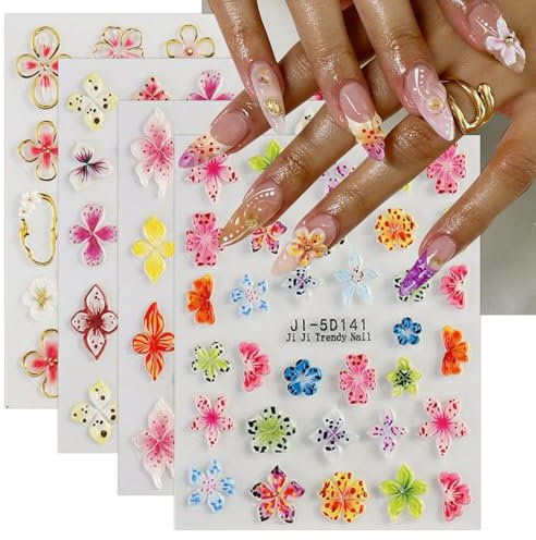 JMEOWIO 3D Embossed Colorful Flower Nail Art Stickers Decals Self-Adhesive 5D Spring Summer Floral Nail Supplies Nail Art Design Decoration Accessories 4 Sheets