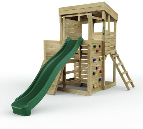 Rebo 2 Tier XL Lookout Tower Playhouse | with 9ft Slide | Ladder | Pressure Treated Timber, Safe for Children | OutdoorToys | Climbing Wall |