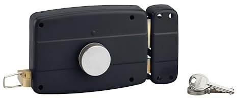 Serrure en applique à bouton pour porte de garage à battant, droite, 140x90 mm, axe 70 mm, noir, 3 clés, Installation Facile, Bouton de condamnation intérieure et tirage - THIRARD