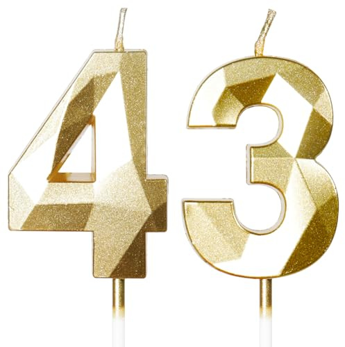 Yiran Gold 43. Geburtstagskerzen, 43. Geburtstagsdekorationen für Frauen und Männlich, 3D-Zahl-43-Kerze für Kuchen, Goldene Kuchendekorationen für Geburtstagsfeiern und Hochzeiten Zubehör