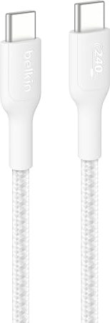 Belkin Eco Cable Trenzado C a C de 1m y 240 W, Cable Tipo C Carga Rápida, suave y flexible para iPhone 16, Galaxy S25, Pixel 9, MacBook, IPad Pro - Blanco