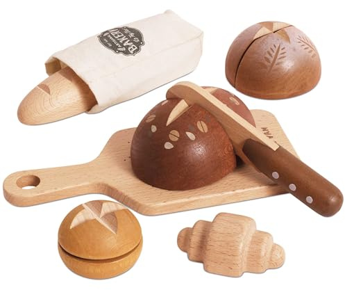 Le Toy Van Wooden Bread & Knife Set – FSC® 100% Certified Artisan Loaf Play Food – Pretend Play Bakery Set with Cutting Board, Knife & Cotton Bag – Velcro Sliceable Pieces for Kids