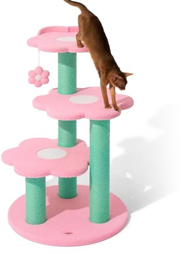 VETRESKA 39.8 Cat Tree Multi-Level Cat Tower with Platform, Sisal Scratching Posts with Hanging Blossom Toy, Indoor Cats Furniture Activity Center for Large Cats Kittens, Pink Flora