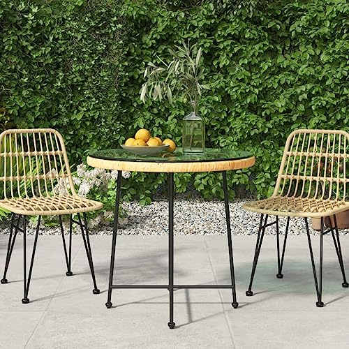Qnhdfrt Runder Esstisch Ø80 cm aus Hartglas und Stahl Gartentisch Outdoor Tisch mit PE Rattan Optik für Terrasse Garten Balkon