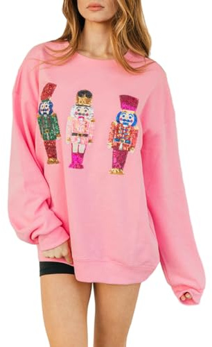 Fiacafyo Sweat-shirt à paillettes casse-noisette décontracté à col rond pour femme, A - Rose, M