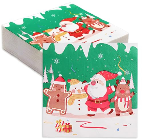 40 Stück 33x33cm Servietten Weihnachten, Grüne Weihnachtsservietten Mit Weihnachtsmann Motiv, Merry Christmas Weihnachts Weihnachtsbaum Servietten für Festliche Party Tischdekoration