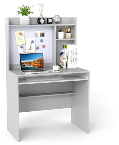 COSTWAY Computer Desk, Modern Writing Workstation PC Laptop Table with Hutch, Magnetic Bulletin Board, Keyboard Tray and Adjustable Shelf, Home Office Work Study Desk (Gray)