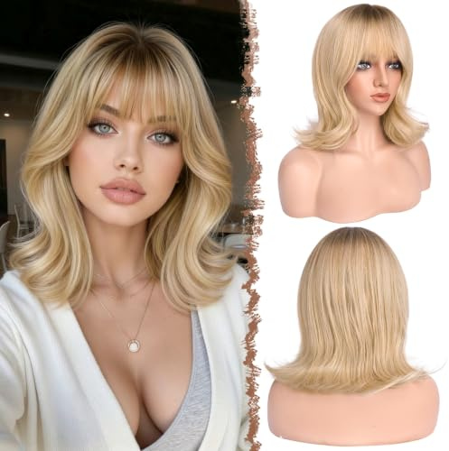 FESHFEN Bob Perücke mit Pony - Wellig Kurze Blonde Perücken für Frauen Synthetische Natürlich Haarperücke Geschichtete Wellen Wigs für Tägliche Party, Ombré Blond