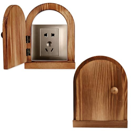 SUPERFINDINGS 1 Pack Wood Door Outlet Cover Light Switch for Home Decor | Solid Wood,Openable Door,Self-adhesive No Punch,16.2x12.4cm,Tan,6 Stickers Included