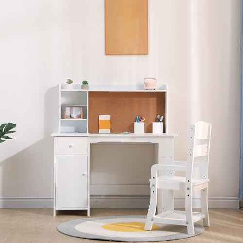 Crevyteg Schreibtisch Kinder mit Bücherregal & Schublade & Ablage, Jugendschreibtisch Schülerschreibtisch mit Höhenverstellbare Stuhl, Kinderschreibtisch aus Holz für Jungen und Mädchen, 82x46x102cm