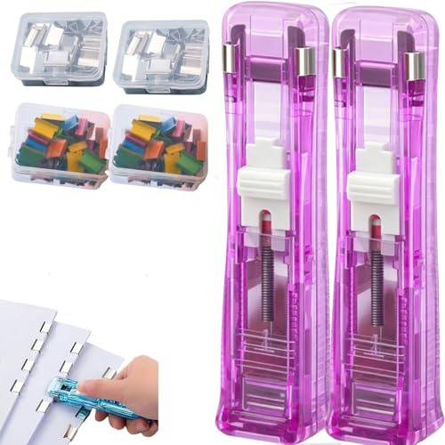 Binder Clip Tacker, Enthält 100 wiederverwendbare Clips, Handheld Paper Clam Clip Spender, Nachfüllbares Büroheftgerät-Set, Mini Push Hefter Set für Home School Dokumentenbindung (2, Lila-A)