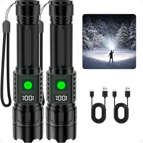 Rechargeable Torch 2 Pack, Torches Led Super Bright 1,000,000LM Flashlight | Long Range & Long Lasting, LCD Display, Zoomable, Waterproof, 5 Modes, Torches Battery Powered for Camping Home Hiking