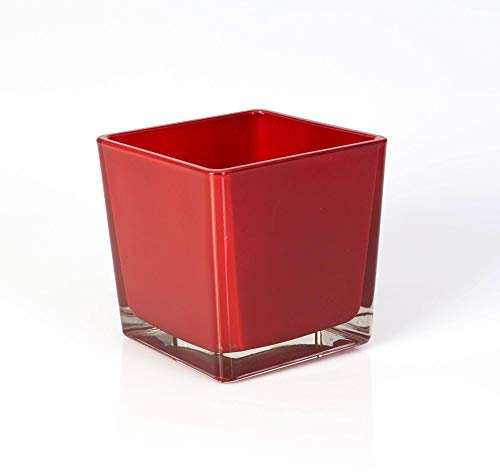 innaGLAS Grand photophore - Petit Vase en Verre Kim, Rouge, 12 x 12 x 12cm - Vase Cube - Bougeoir en Verre