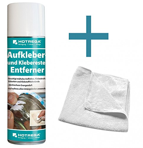 HOTREGA Aufkleber und Klebereste Entferner mit Orangenduft 300ml | Spezialreiniger zur mühelosen Entfernung von Klebstoff | inkl. Microfasertuch