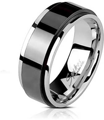 Bungsa 67 (21.3) Spinner-Ring silber mit schwarzem, drehbaren Mittelteil 8mm aus 316L Edelstahl Unisex Größen 49-72