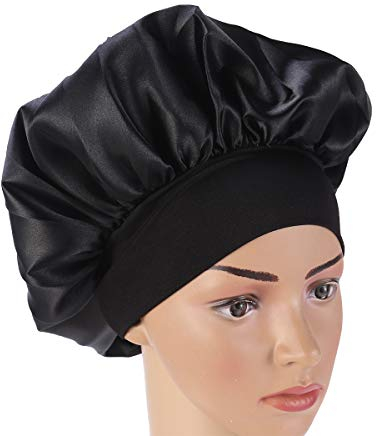 SUPVOX Satin Schlafmütze Nachtmütze Hut Lange Haare Motorhaube Nacht Haar Motorhaube Hut für Frauen Mädchen - schwarz (56-58cm)