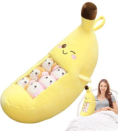 1Pcs Plush Fruit Doll, Cute Throw Pillow Stuffed Banana Toys with 8 Small Toys, Large Lovely Cartoon Stuffed Fruit Pillow Toy, Kawaii Plushies Hold Pillow Gift for Birthdays New Year Christmas