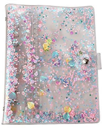 A5 6-Ring-Ringbucheinband PVC Glitzer A5 Planer Binder Cover Notizbuch Nachfüllbare Notizhülle mit Druckknopfverschluss für Rundring-Planer Seiten (Innere Papier nicht enthalten) durchsichtig