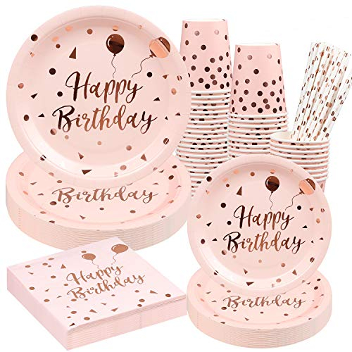Rorchio Vaisselle Anniversaire Rose Or, 24 invités Assiettes Fête Carton Anniversaire Rose, Gobelets Pailles en Papier et Serviettes pour Décoration Happy Birthday Fille Femme